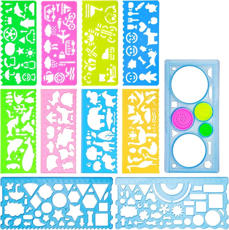 Acoavo 11Pcs Blue Colorful Art Painting Template for Drawing Geometric Drawings Templates with Bag Spiral Curve Stencils Rulers for Kids Drawing Stencils for Preschooler Student Classroom Learning Tool(Boy) - Image 2